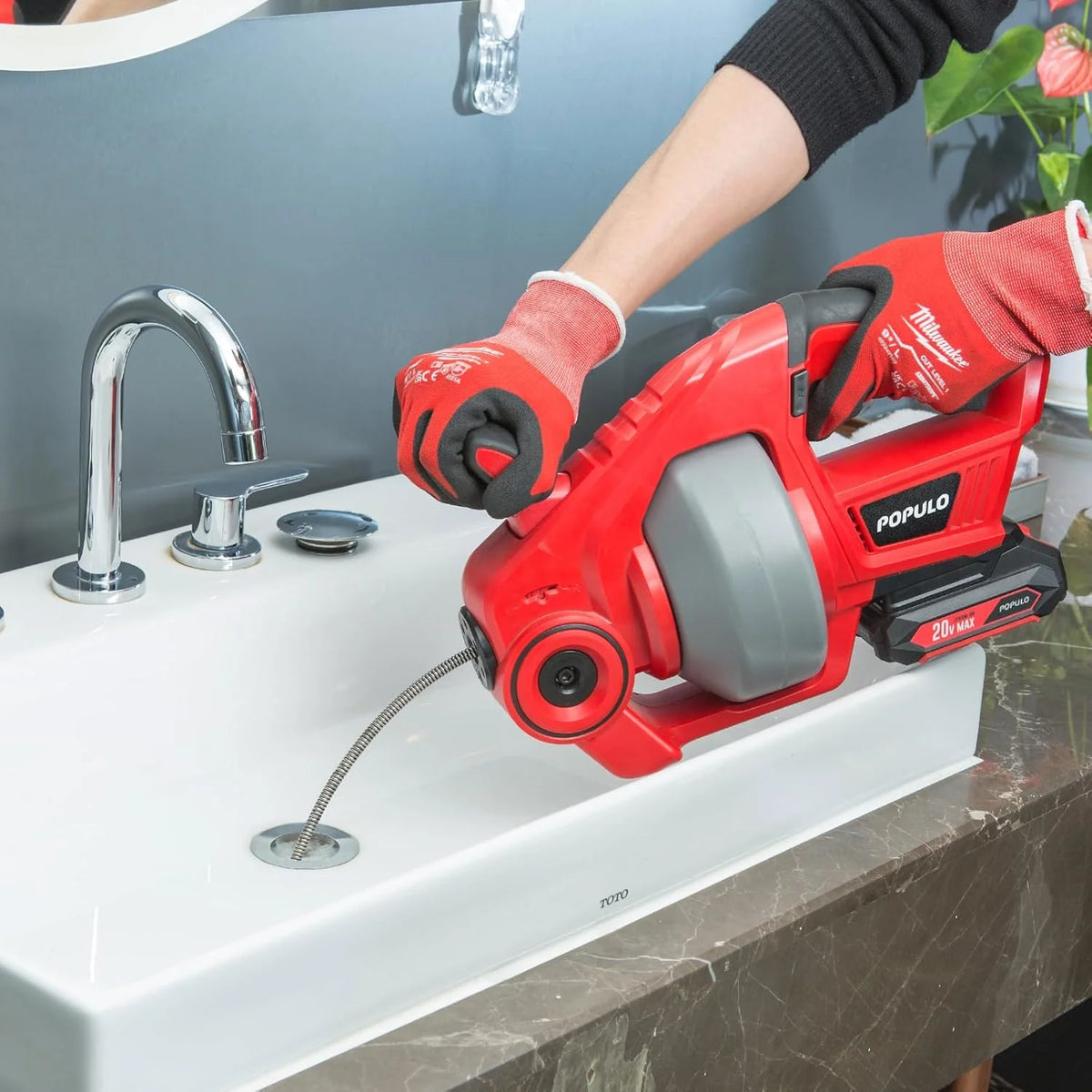 POPULO 20V Cordless Electric Drain Auger, 25 Ft Auto-Feed, 2.0Ah Battery, 3/4 in-2 in Pipes