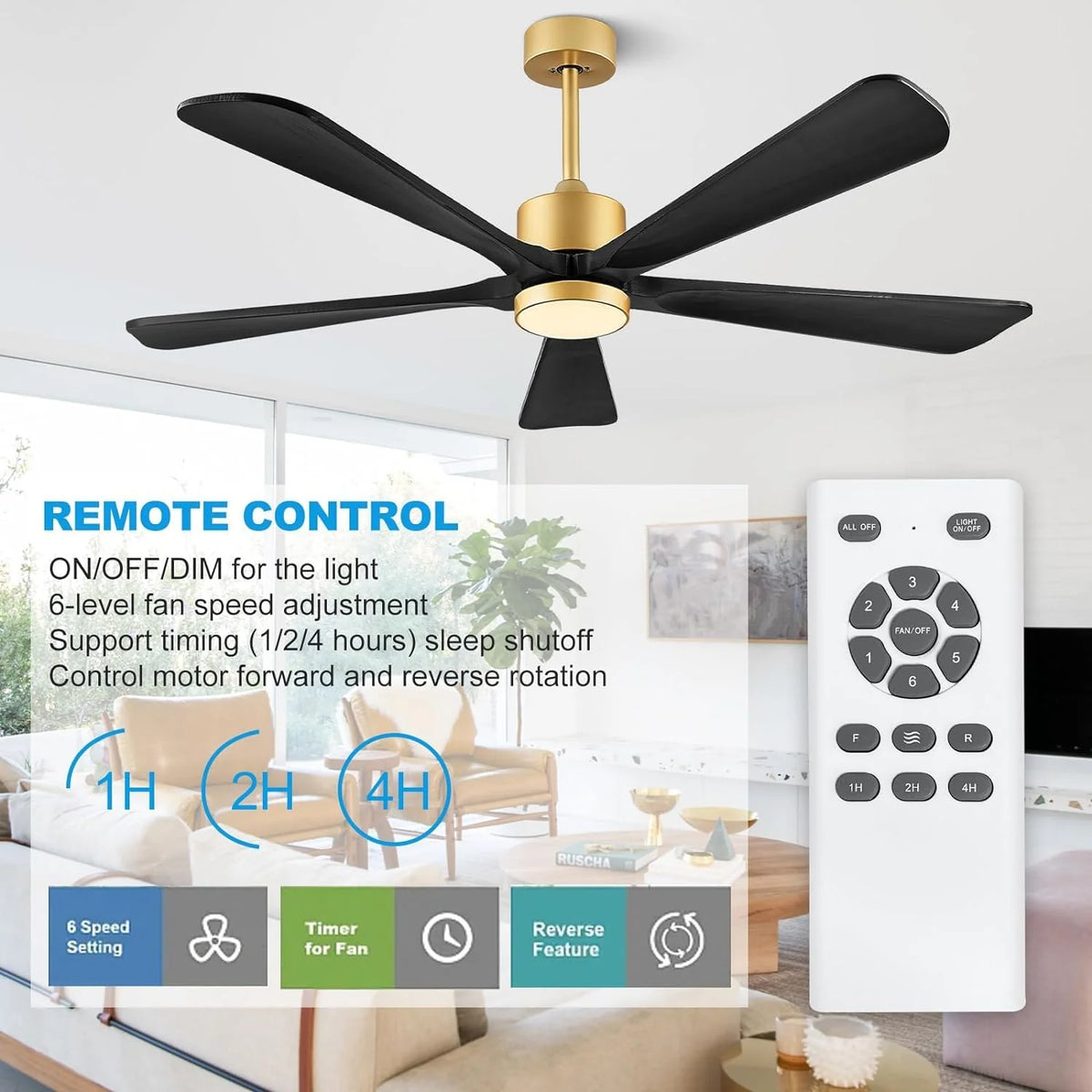 BOOSANT 60 inch Ceiling Fan With LED Light, 5 Solid Wood Blades, 6 Speeds, Deep Brown - 8727