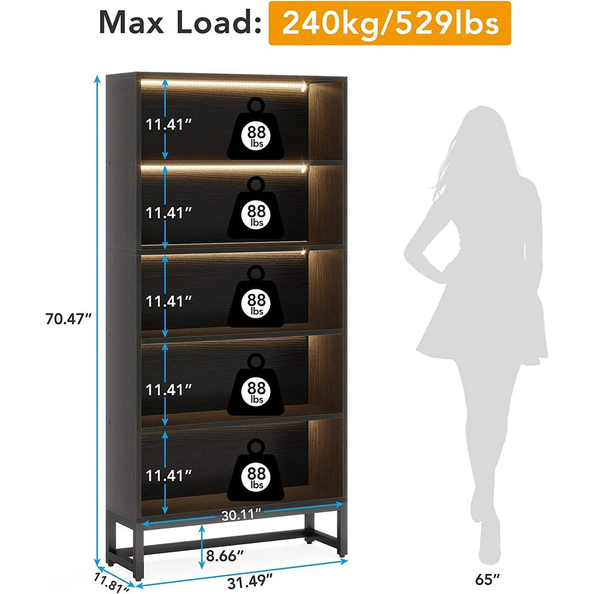 5-Tier Bookcase 31.5 Inch Wide x 11.81 Inch Deep x 70.87 Inch Tall - Sandalwood, Walnut, White, Black