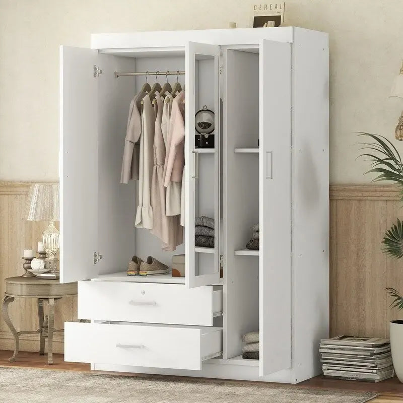 3-Door Mirror Wardrobe With Shelves And 2 Drawers - White Or Gray