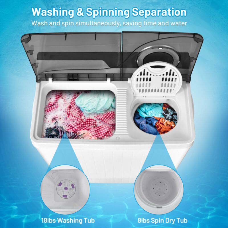 Portable Twin Tub Washer Dryer Combo With Drain Pump, 26 LBS - Blue/Gray