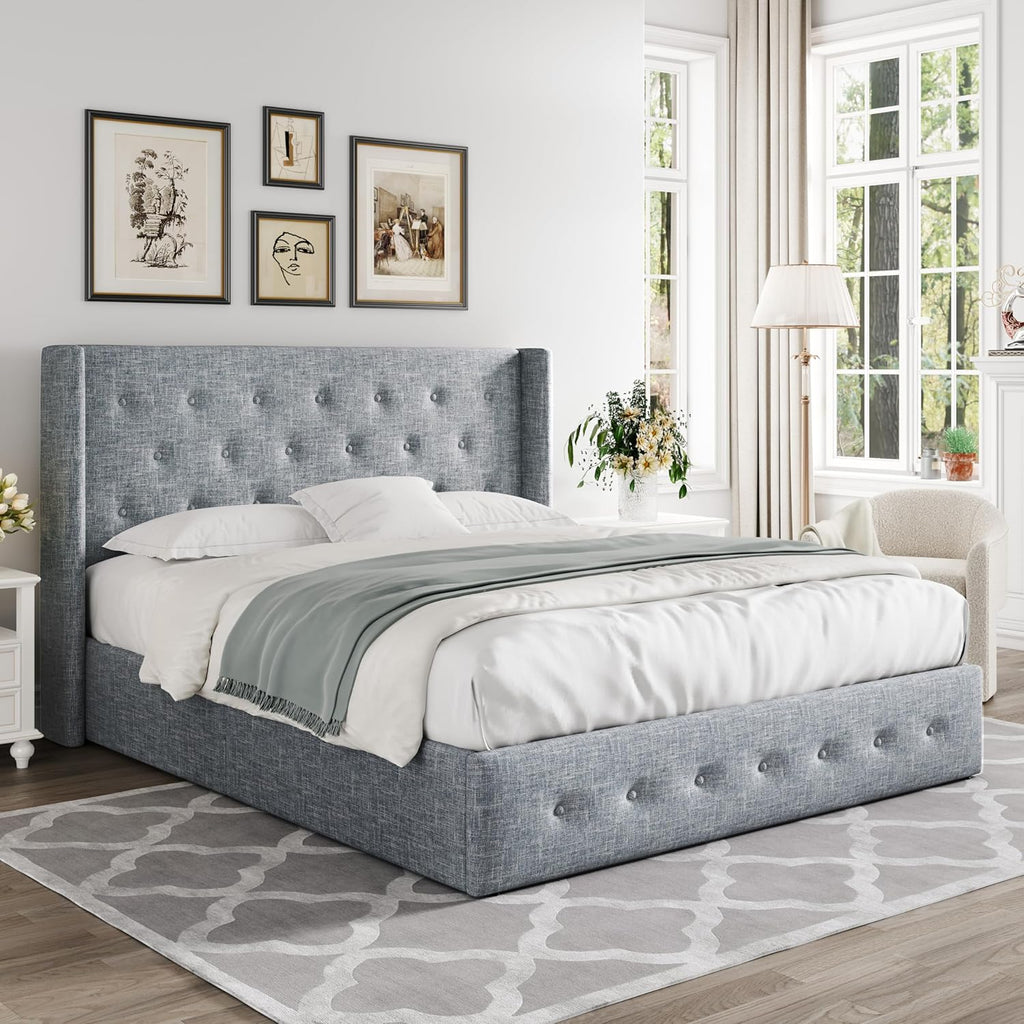 Queen Size Lift-Up Storage Bed With Wingback Headboard, Upholstered Platform Bed Frame With Hidden Storage