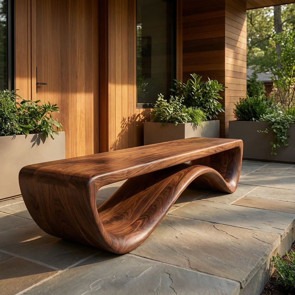 Artistic Wooden Bench With Unique Flowing Base For Modern Home