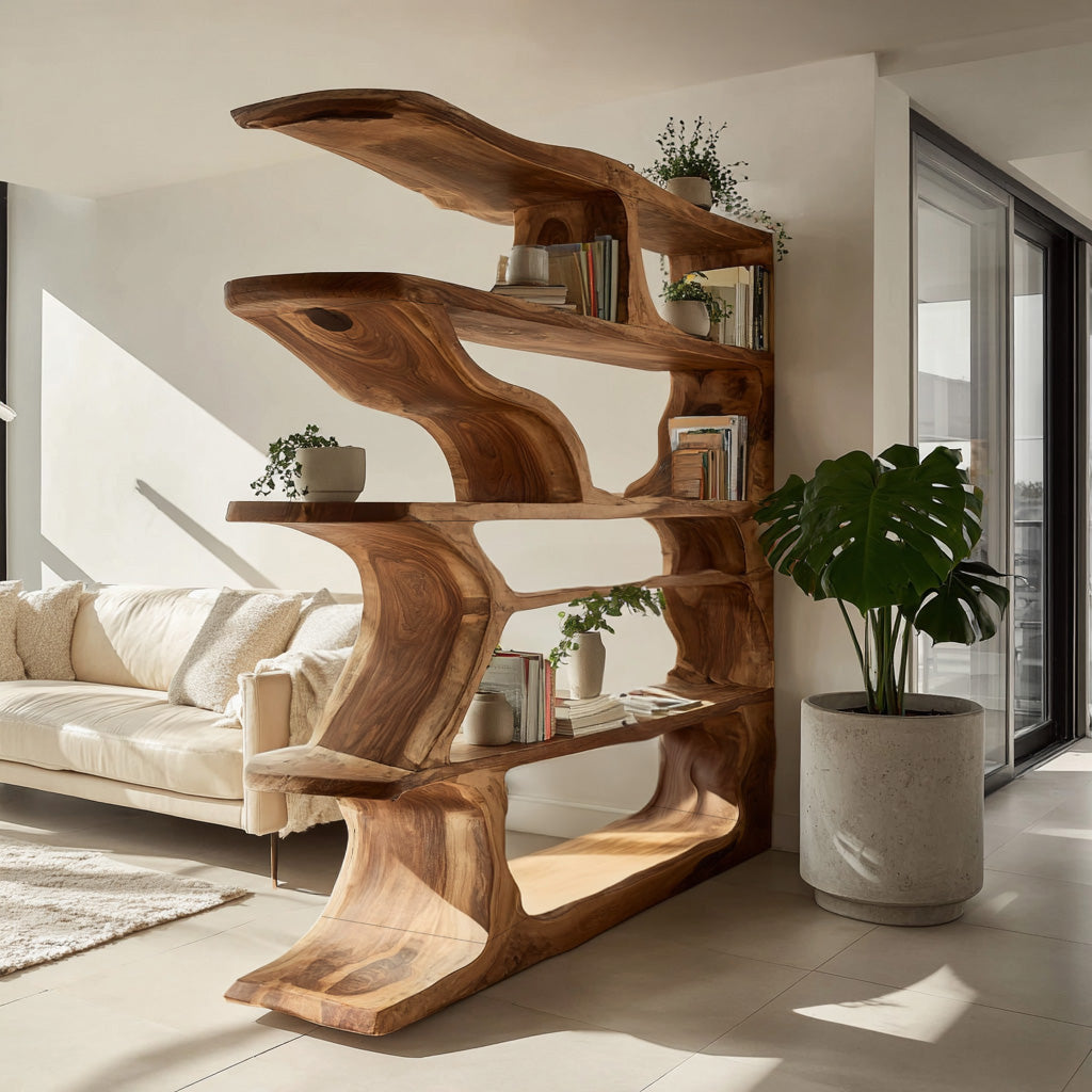 Contemporary Artistic Wooden Bookshelf For Living Room Storage