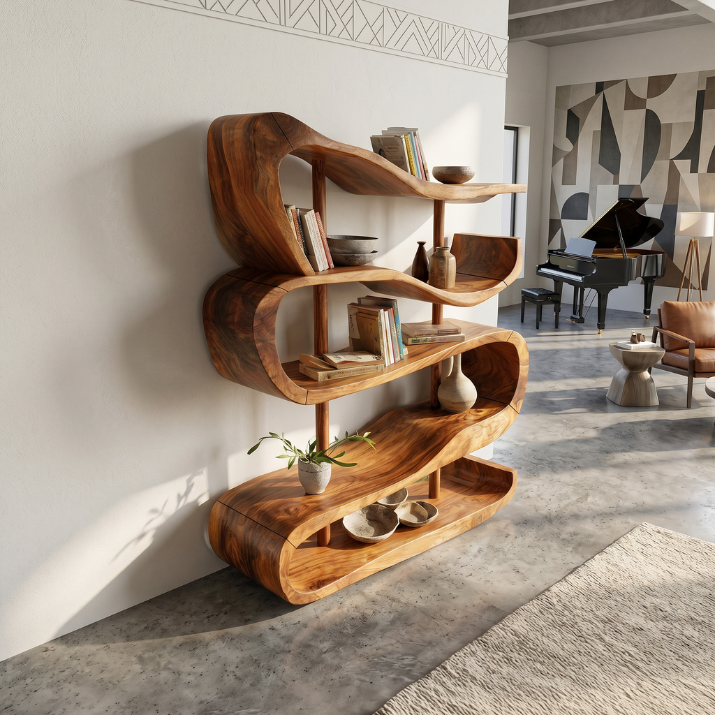 Artistic Wooden Display Shelf In Organic Form