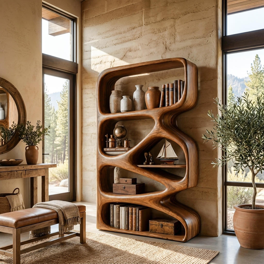 Artistic Wooden Bookshelf With Functional Open Display Shelving For Living