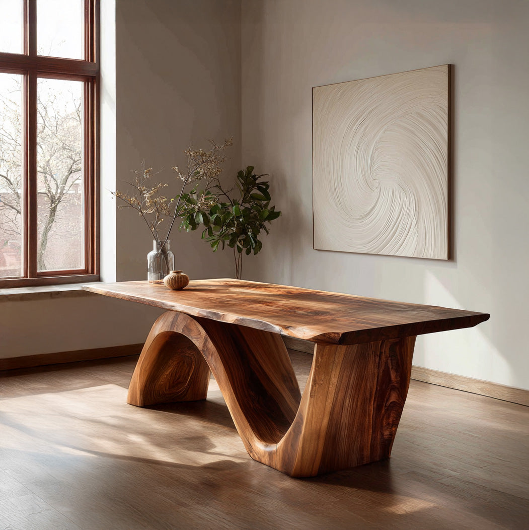 Contemporary Curved Base Wood Dining Table For Dining Area