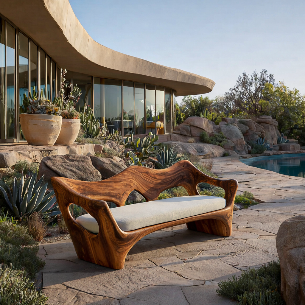 Artistic Wooden Sofa With Curved Backrest For Home Space