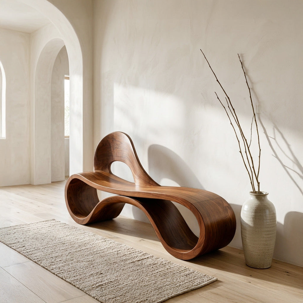 Artistic Wooden Bench With Flowing Sculpture For Luxury Interior
