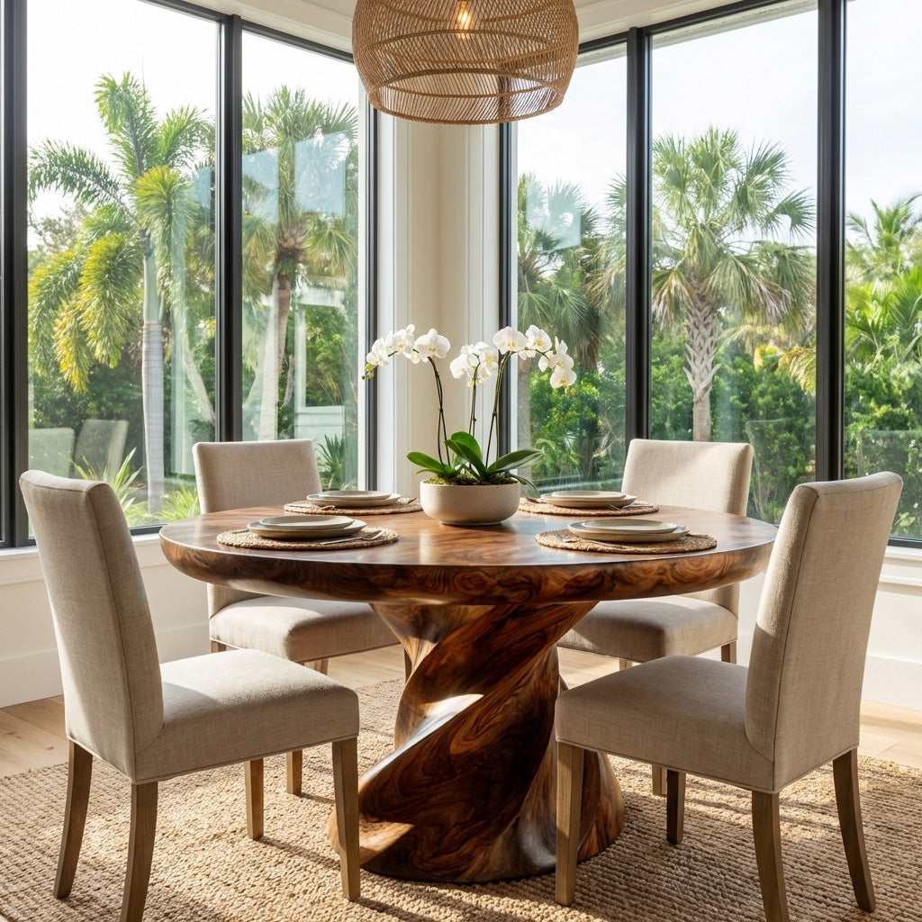 Contemporary Round Dining Table With Twisted Base For Dining Room