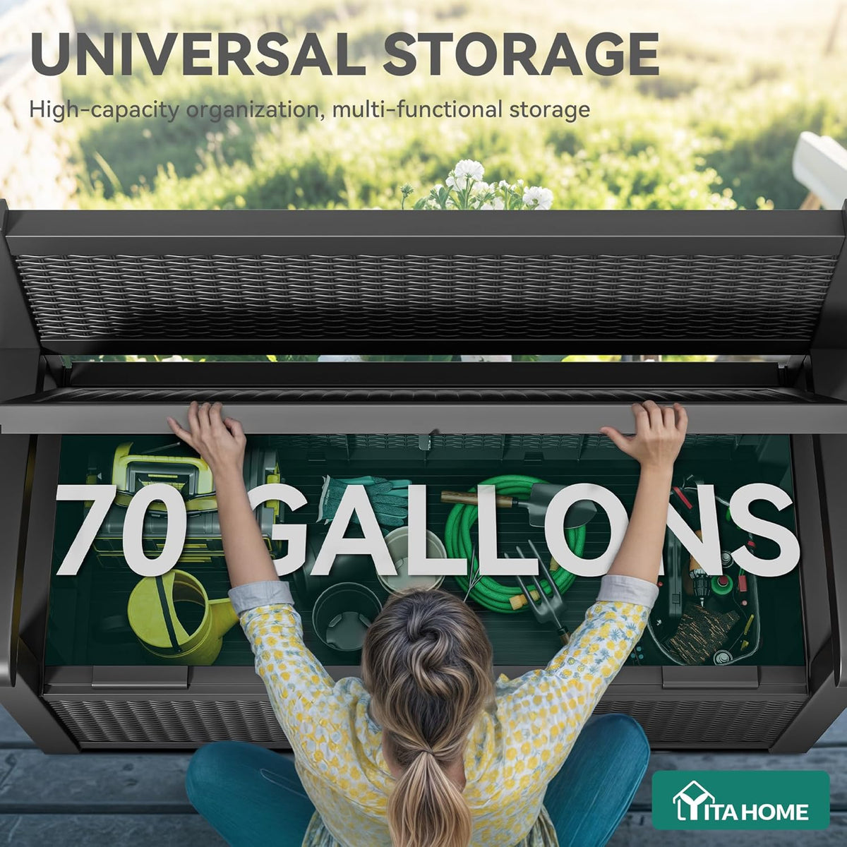 YITAHOME Outdoor Storage Bench With Armrests, 70-Gallon, Black