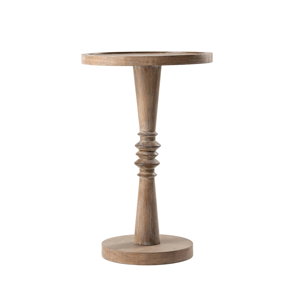 Pedestal End Table With Round Tray Top And Distressed Finish
