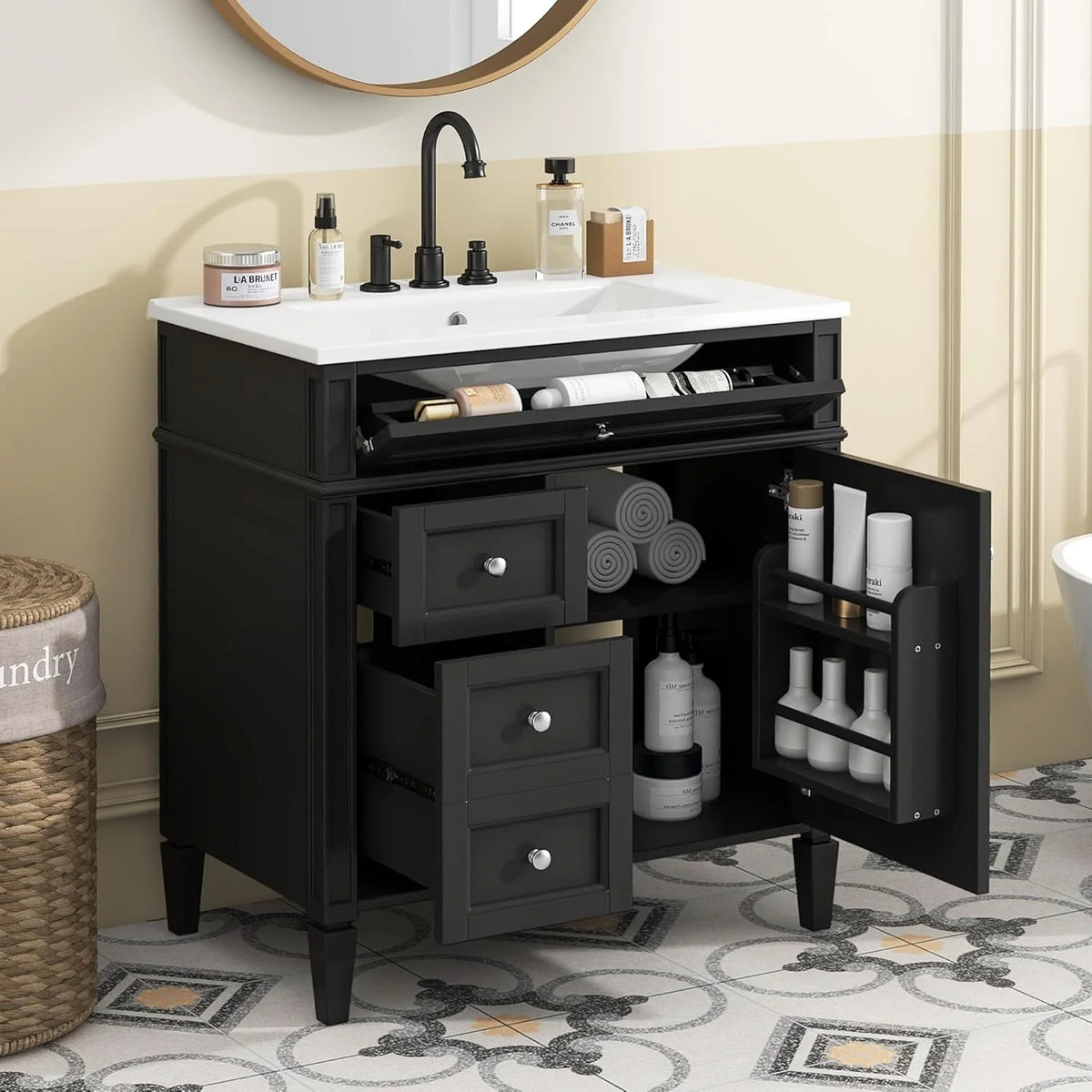 36 Inch Black Bathroom Vanity With Single Sink, 2 Drawers, Solid Wood Frame