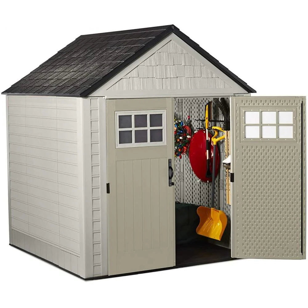 Rubbermaid Resin Outdoor Garden Storage Shed 7 x 7 ft, Sand - With Windows And Utility Hooks