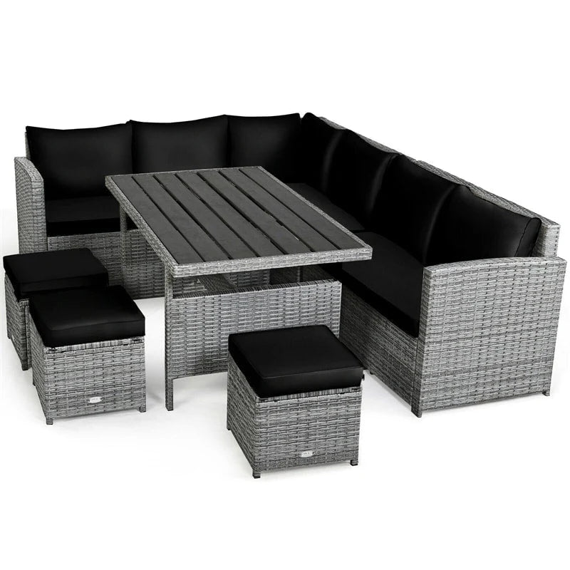 7-Piece Rattan Patio Dining Set With 3 Corner Chairs, 3 Ottomans And Table