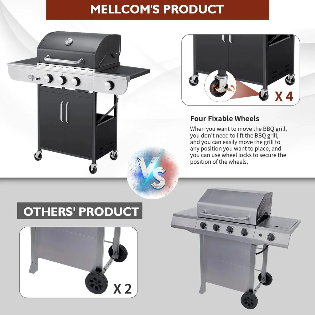 MELLCOM 4 Burner Propane Gas Grill With Cast Iron Grates And Side Stove, 44,000 BTU, Black - BBQ-4+1