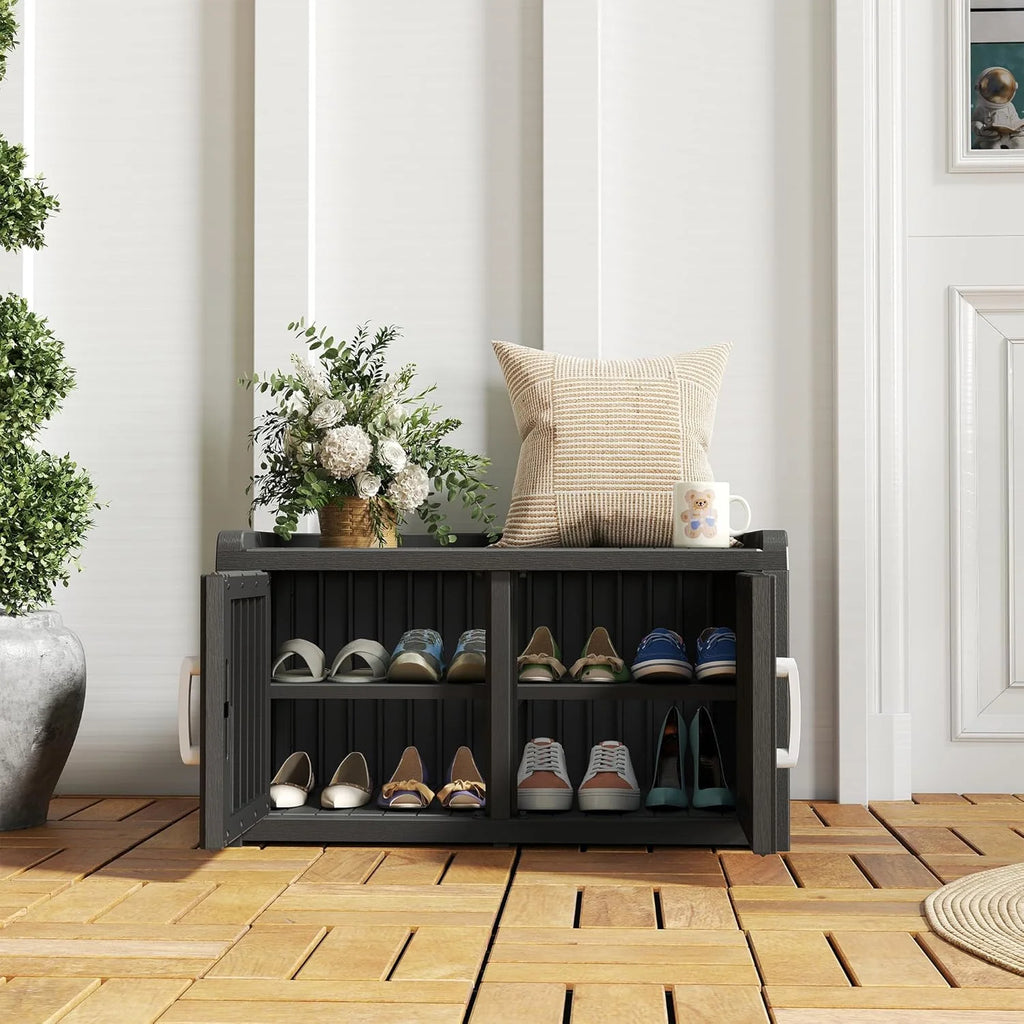 KAMABOKO Outdoor Shoe Storage Cabinet, Black, 2 Doors