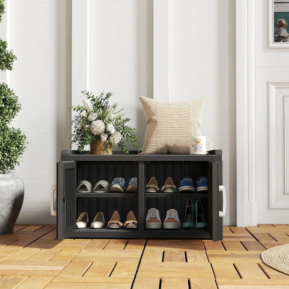 KAMABOKO Outdoor Shoe Storage Cabinet, Black, 2 Doors