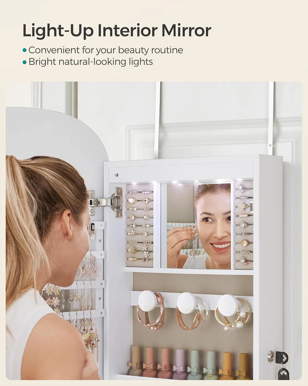 LED Wall-Mounted Jewelry Organizer Cabinet With Mirror - 3.9 in D x 16.5 in W x 42.5 in H