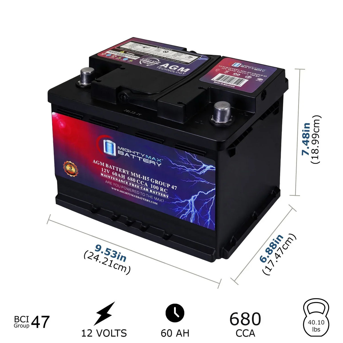 Mighty Max Battery AGM Car Battery, Group Size 47, 12V 60 AH, 680 CCA, 100RC - MM-H5
