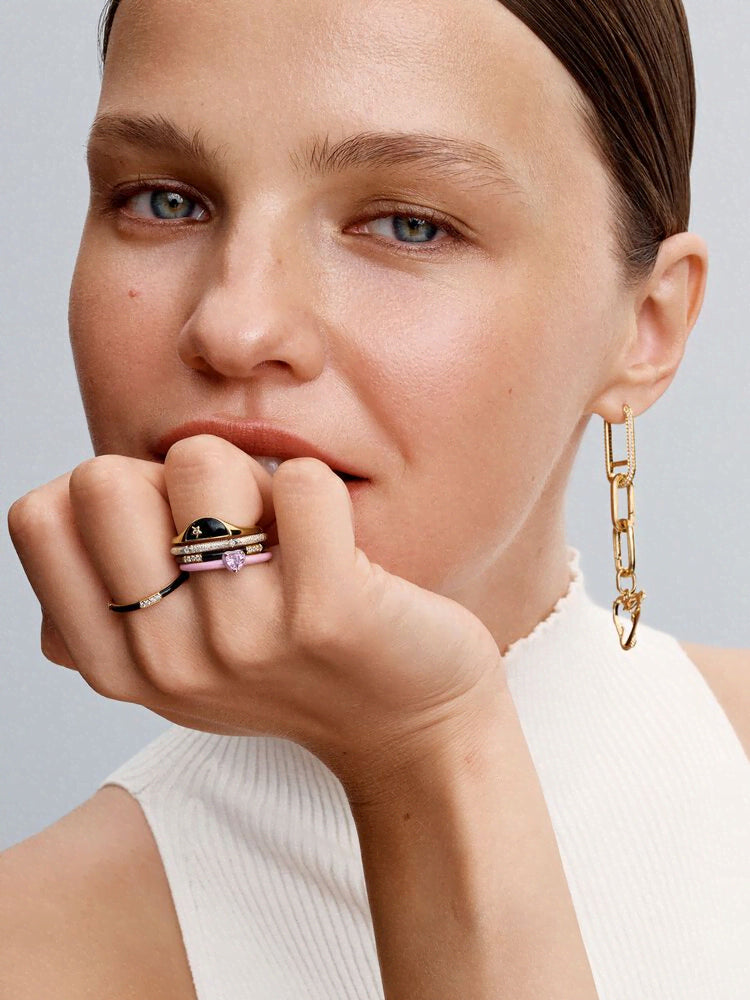 Black Enamel & Stones Ring