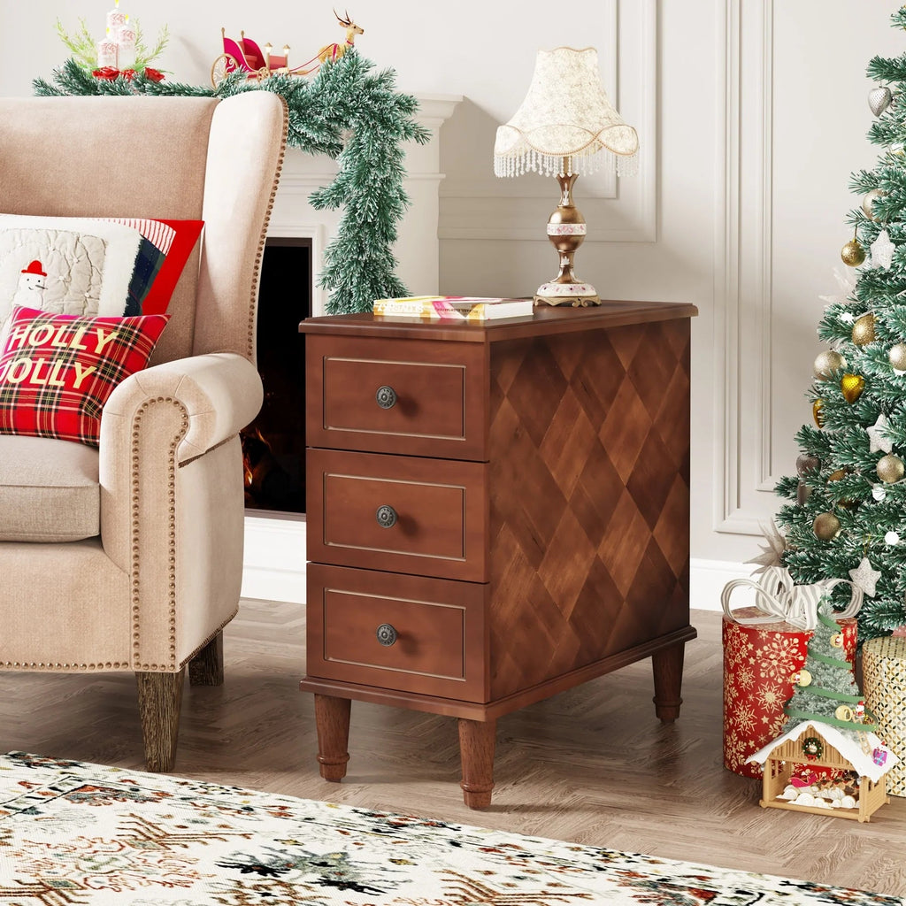 Solid Wood Narrow End Table With 3 Drawers - Fully Assembled