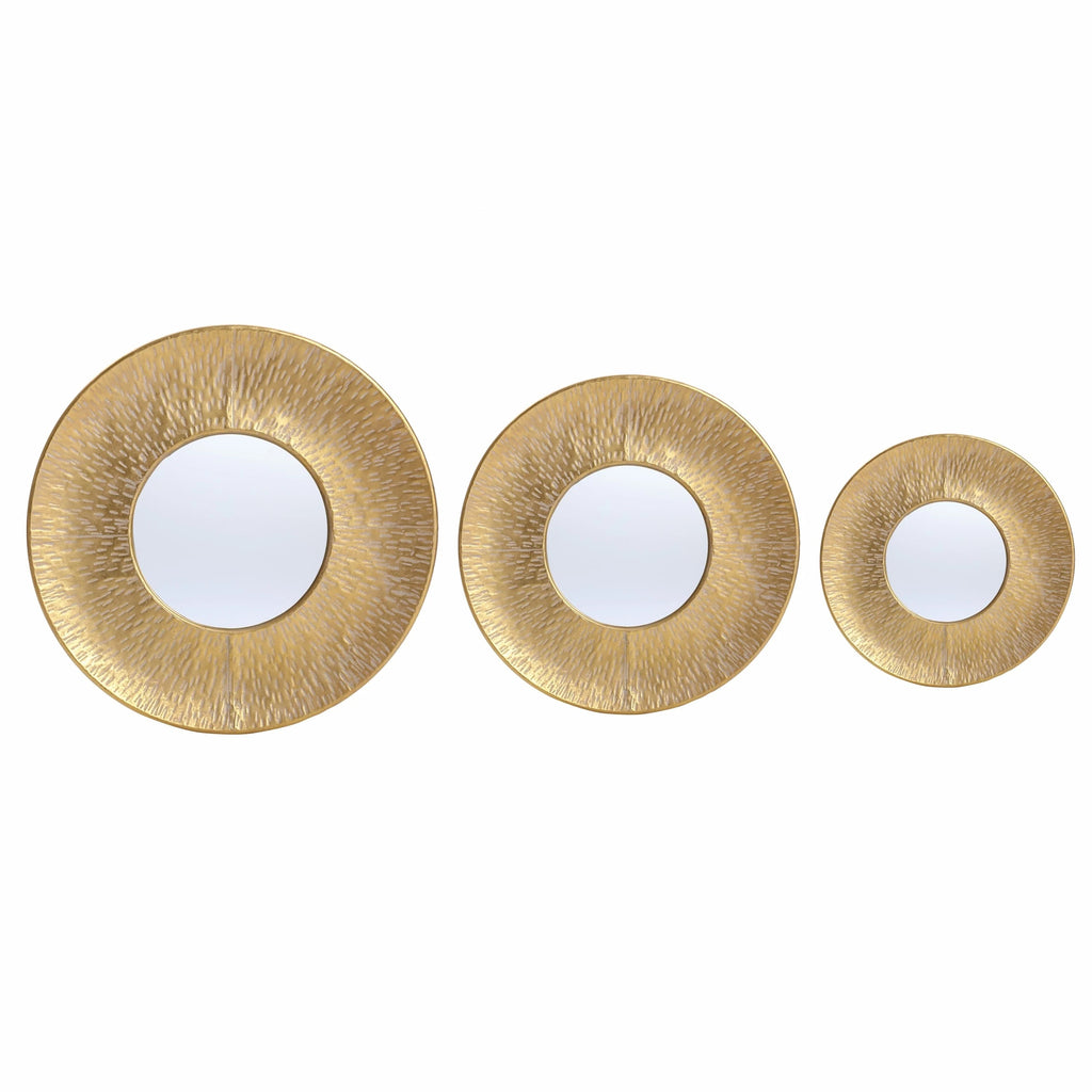3-Piece Gold Metal Round Wall Mirror Set - 22.25" x 2.36", 19.7" x 2.25", 15.4" x 2.25"