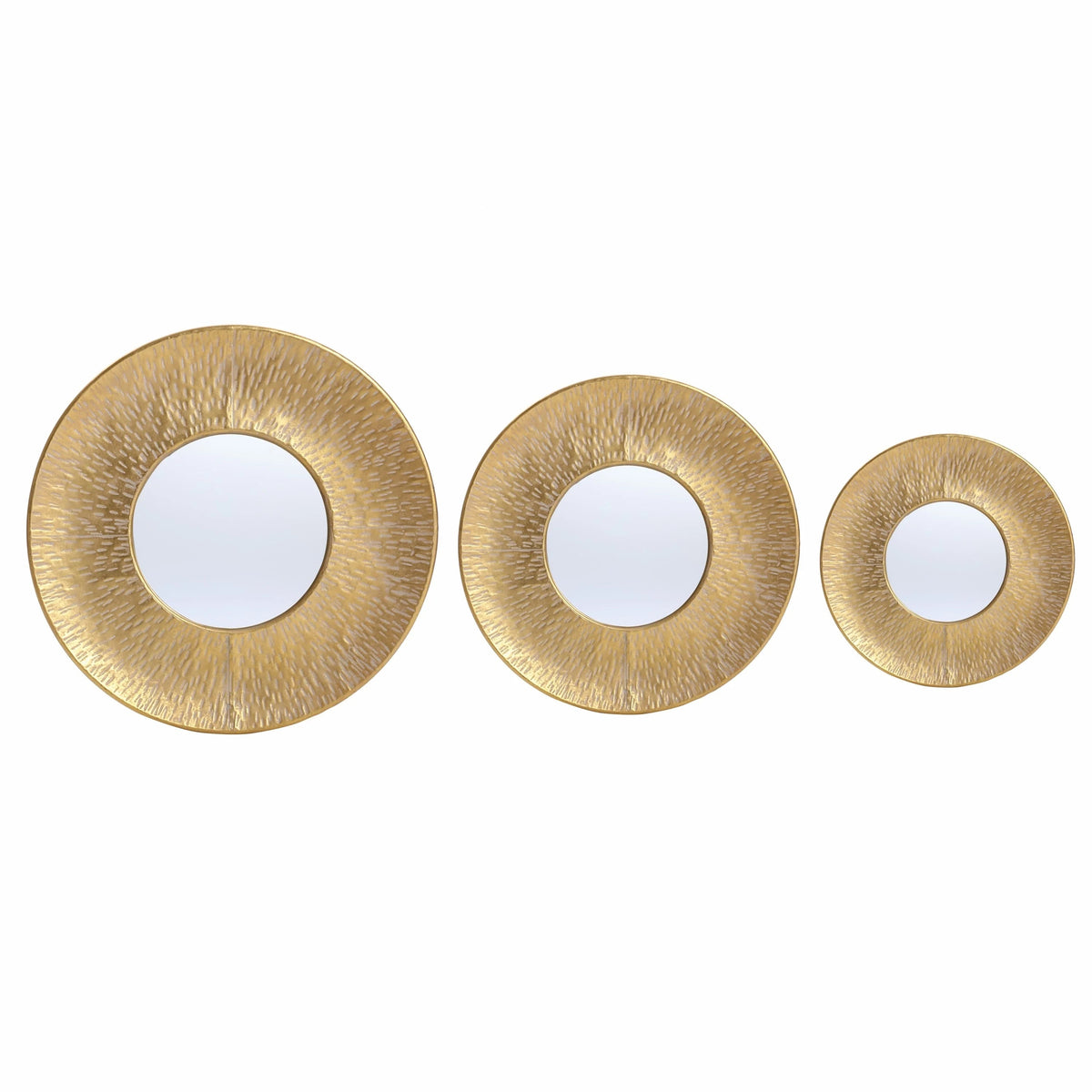 3-Piece Gold Metal Round Wall Mirror Set - 22.25" x 2.36", 19.7" x 2.25", 15.4" x 2.25"