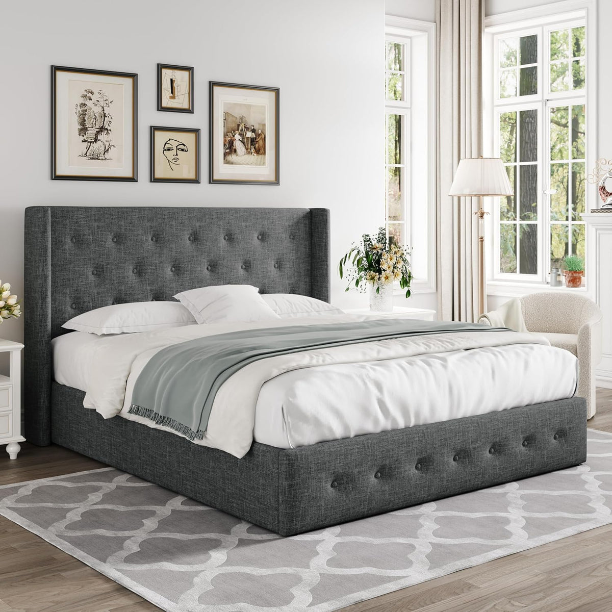 Queen Size Lift-Up Storage Bed With Wingback Headboard, Upholstered Platform Bed Frame With Hidden Storage