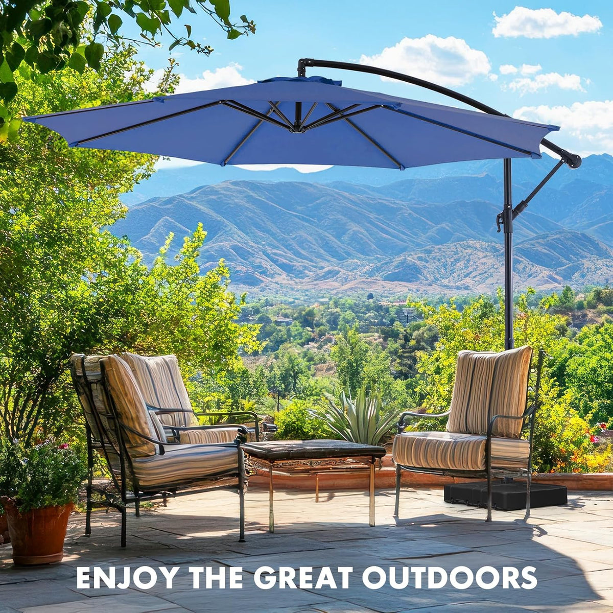 Sweetcrispy 9.8FT Offset Patio Umbrella With Easy Tilt Adjustment, 8 Ribs, Blue
