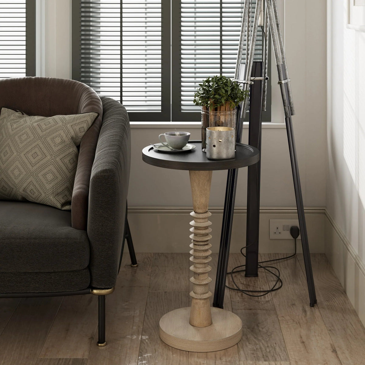 Pedestal End Table With Round Tray Top And Distressed Finish