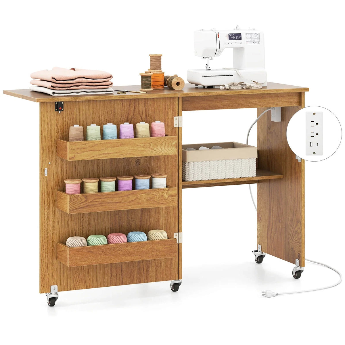 Costway Folding Sewing Table With 3 Storage Bins And Charging Station, Natural