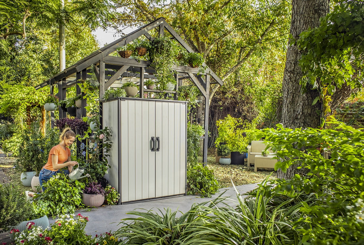 Keter Resin Outdoor Storage Shed With Floor And Locking Double Doors, Grey, 55.1 in L x 29 in W x 67.1 in H - Premier Tall