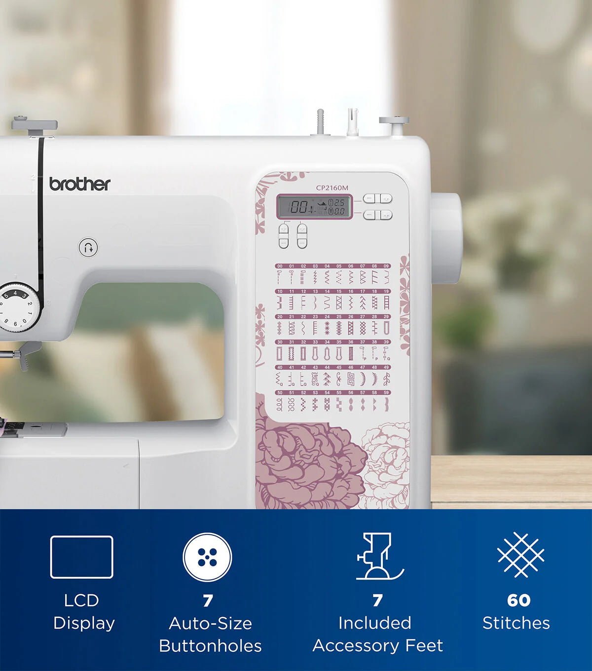 Brother Computerized Sewing Machine, Light Mauve Floral, 60 Built-In Stitches - CP2160M