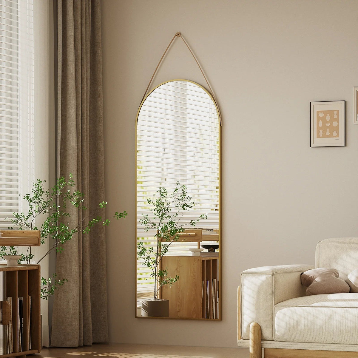 Full Length Wall Mirror, 48 x 16 Inch, Black, Leather Strap
