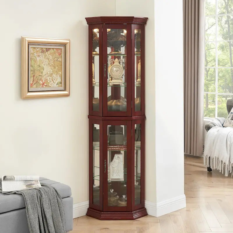 Corner Curio Display Cabinet With Lights, Mirrored Back And 6 Tempered Glass Shelves