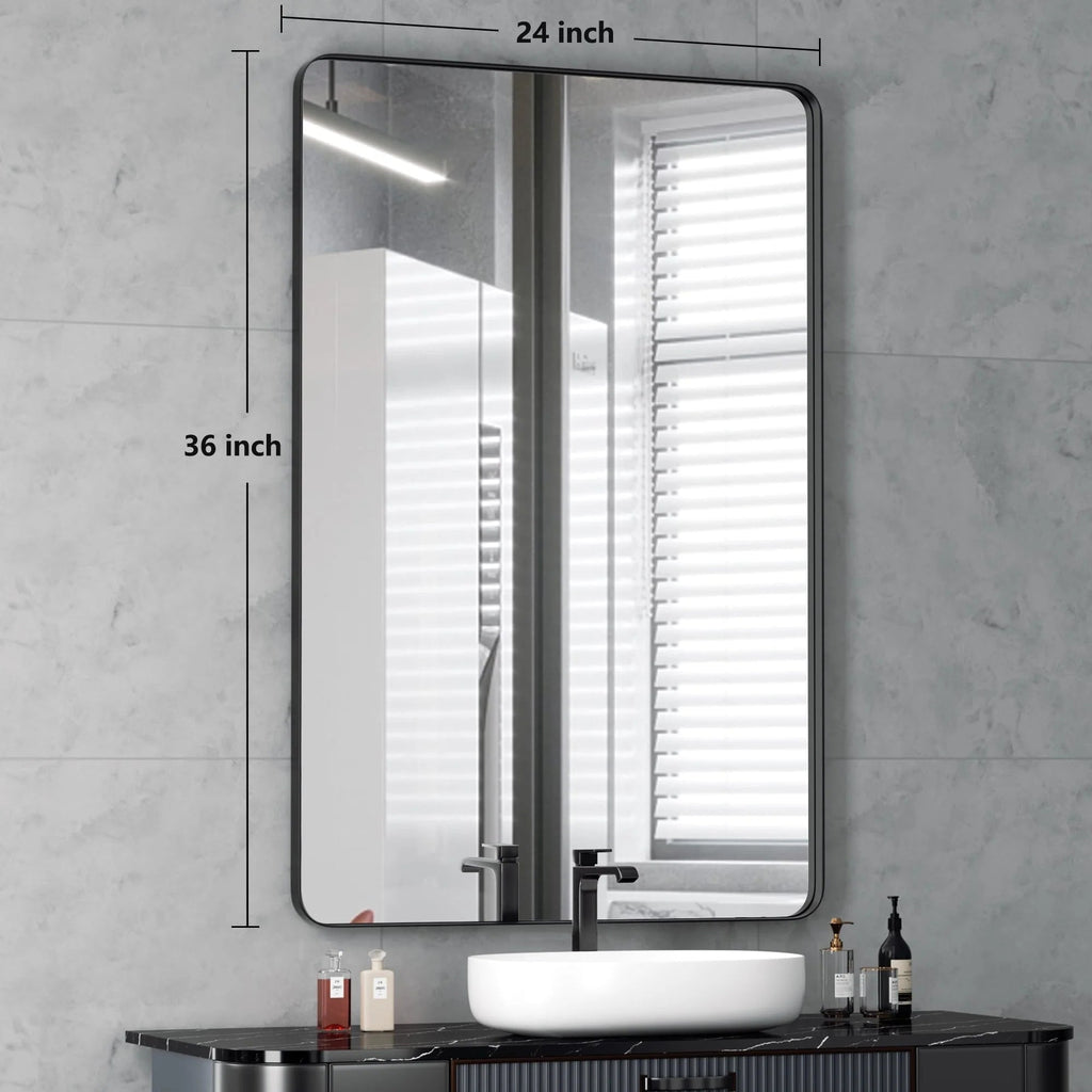 Framed Wall Vanity Mirror With Rounded Corners, 1 Piece