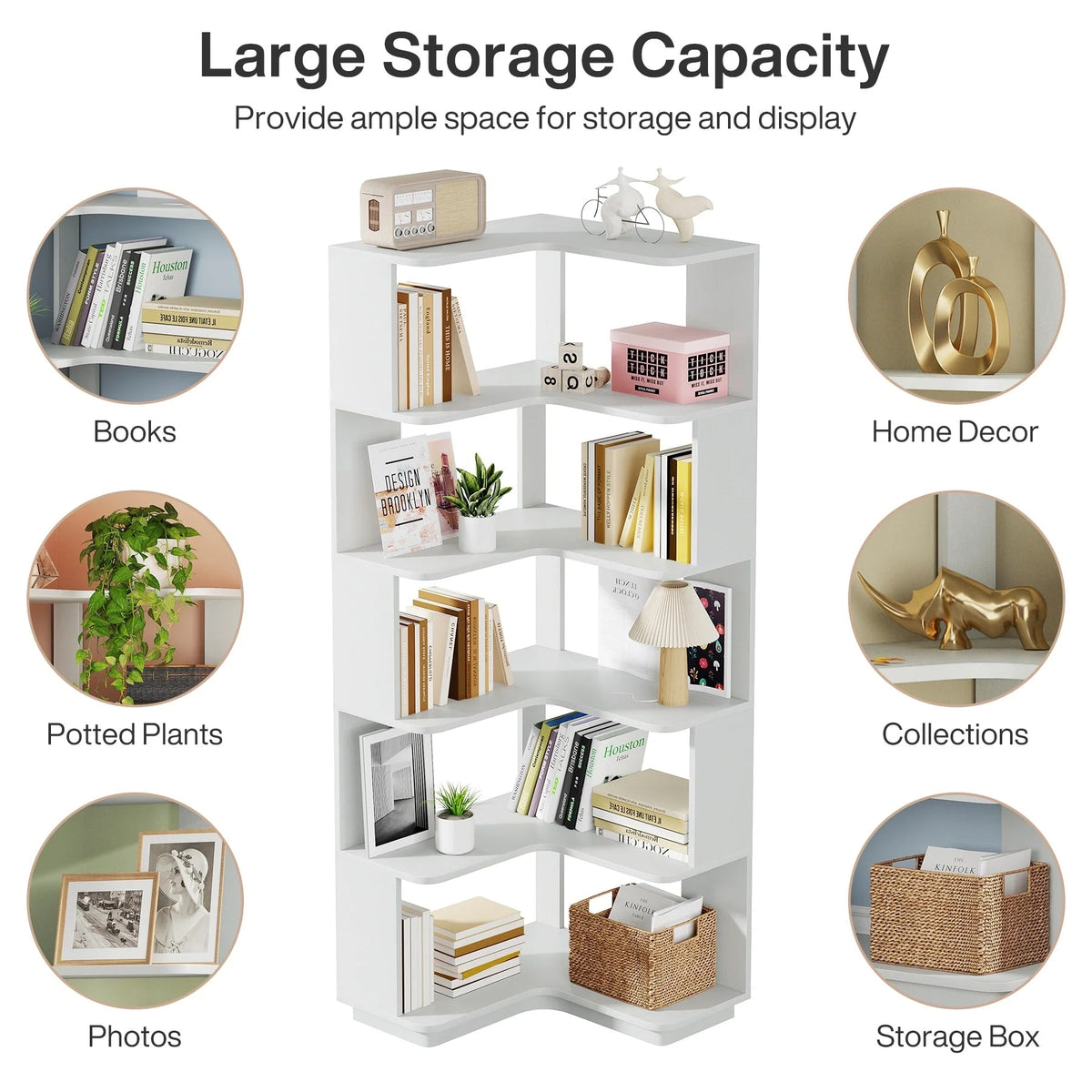 6-Tier Corner Bookshelf, 64.9 Inch Tall, Freestanding Wood Industrial Bookcase