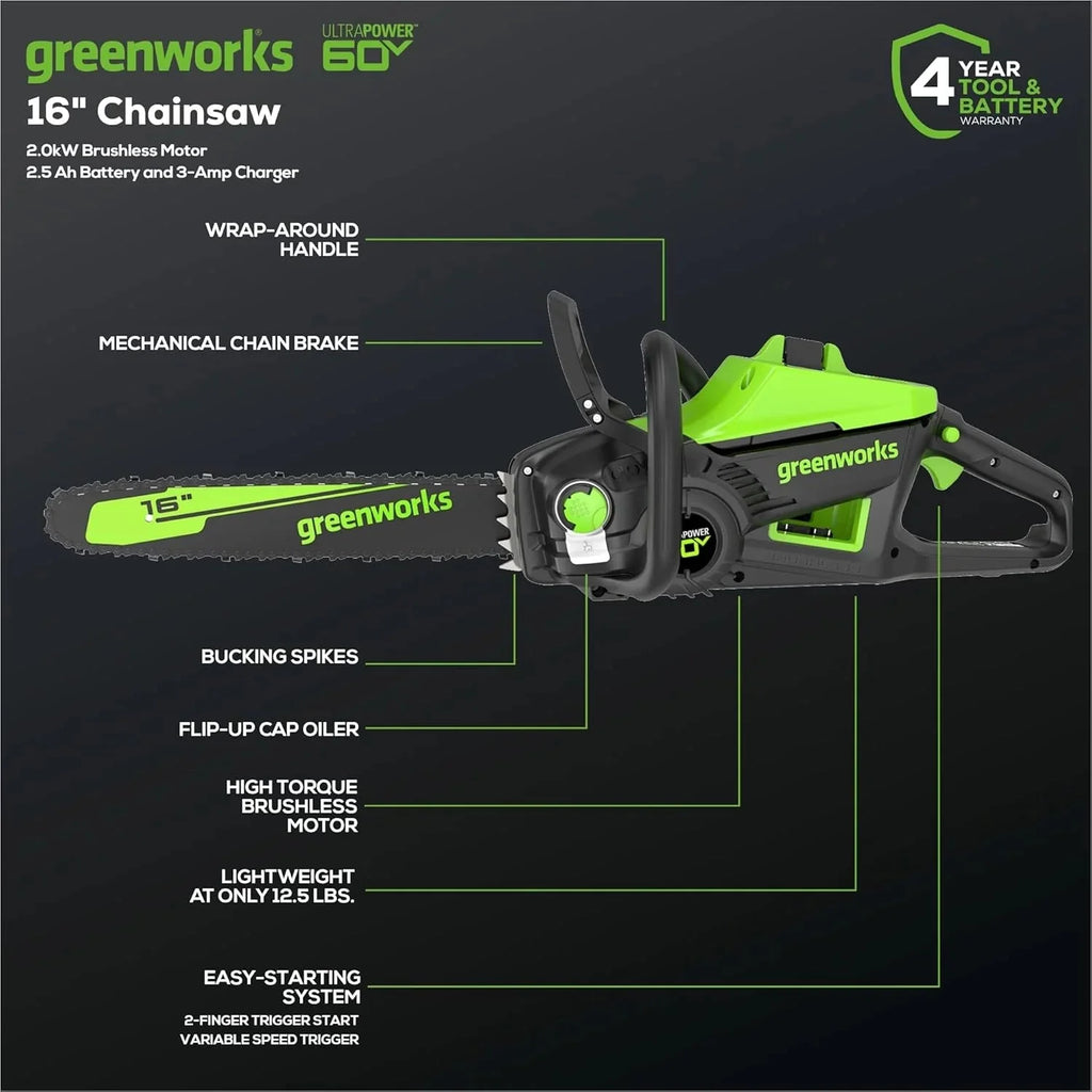 Greenworks 40V 16 inch Brushless Cordless Chainsaw With 4.0Ah Battery And Charger