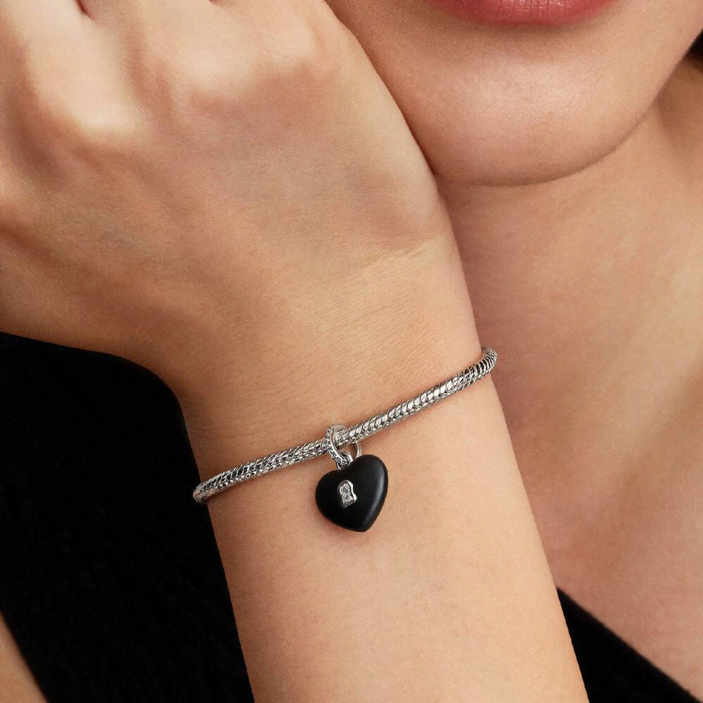 Matte Black Ceramic Heart Padlock Dangle Charm