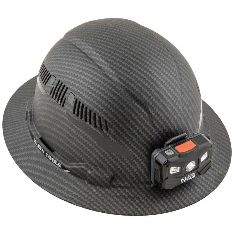 Klein Tools Premium KARBN Full Brim Hard Hat With Vents And Rechargeable Headlamp, Black - 60347