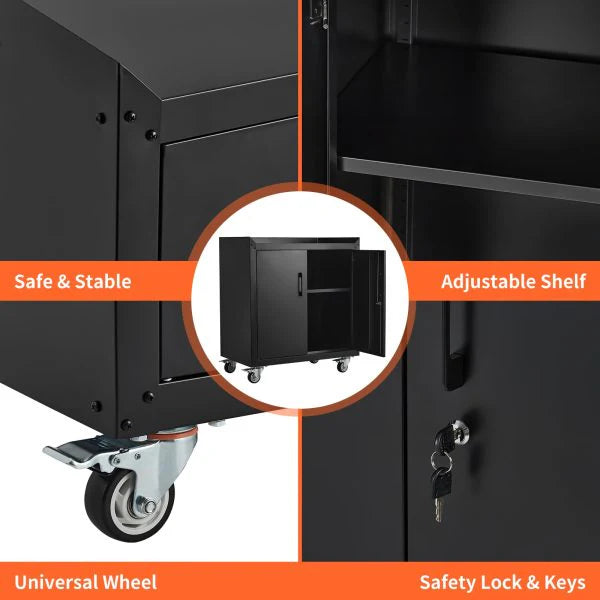 Lockable Metal Garage Storage Cabinet With Wheels, 2 Doors, 34 H X 30.3 L X 18 W - Garage Storage Cabinets