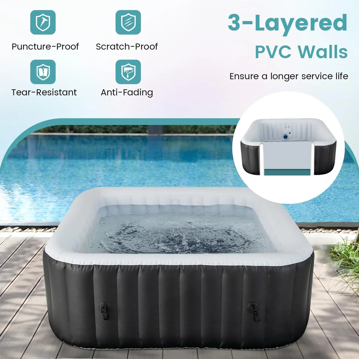 Inflatable Hot Tub, 70-80 in Round Or 71 x 70 in Rectangular, 2-6 Person