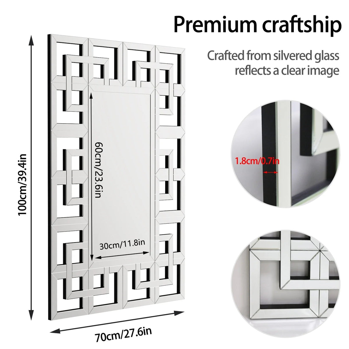 Silver Geometric Decorative Wall Mirror, 39.4in x 27.6in - MDF And Glass