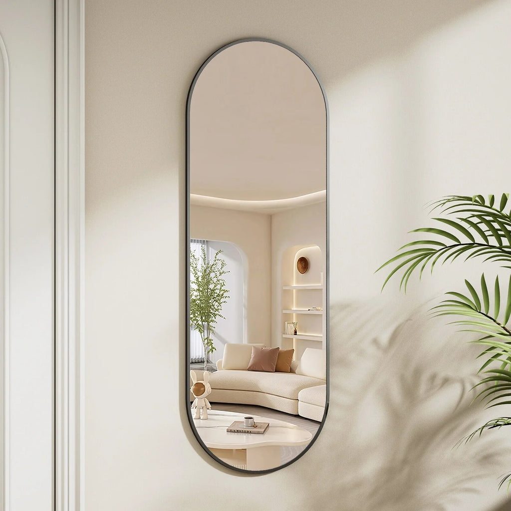 Full Length Wall Mirror, 48 x 16 Inch, Black, Leather Strap