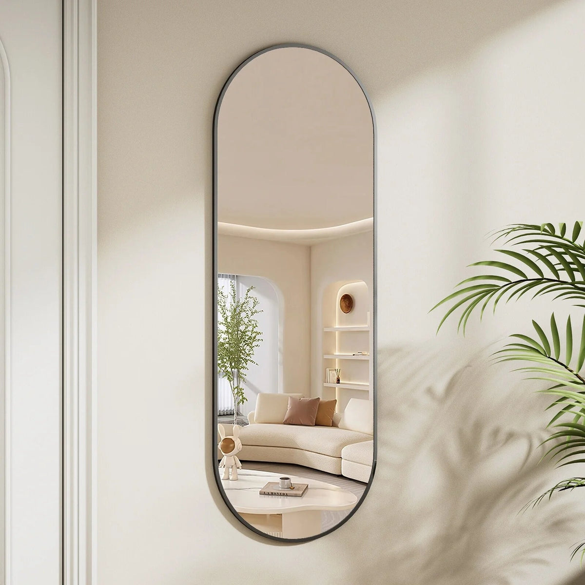 Full Length Wall Mirror, 48 x 16 Inch, Black, Leather Strap