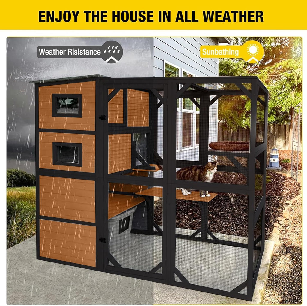 Aivituvin Large Cat Catio, 4 Tiers, Weatherproof Roof, 70in H x 77in L - AIR54