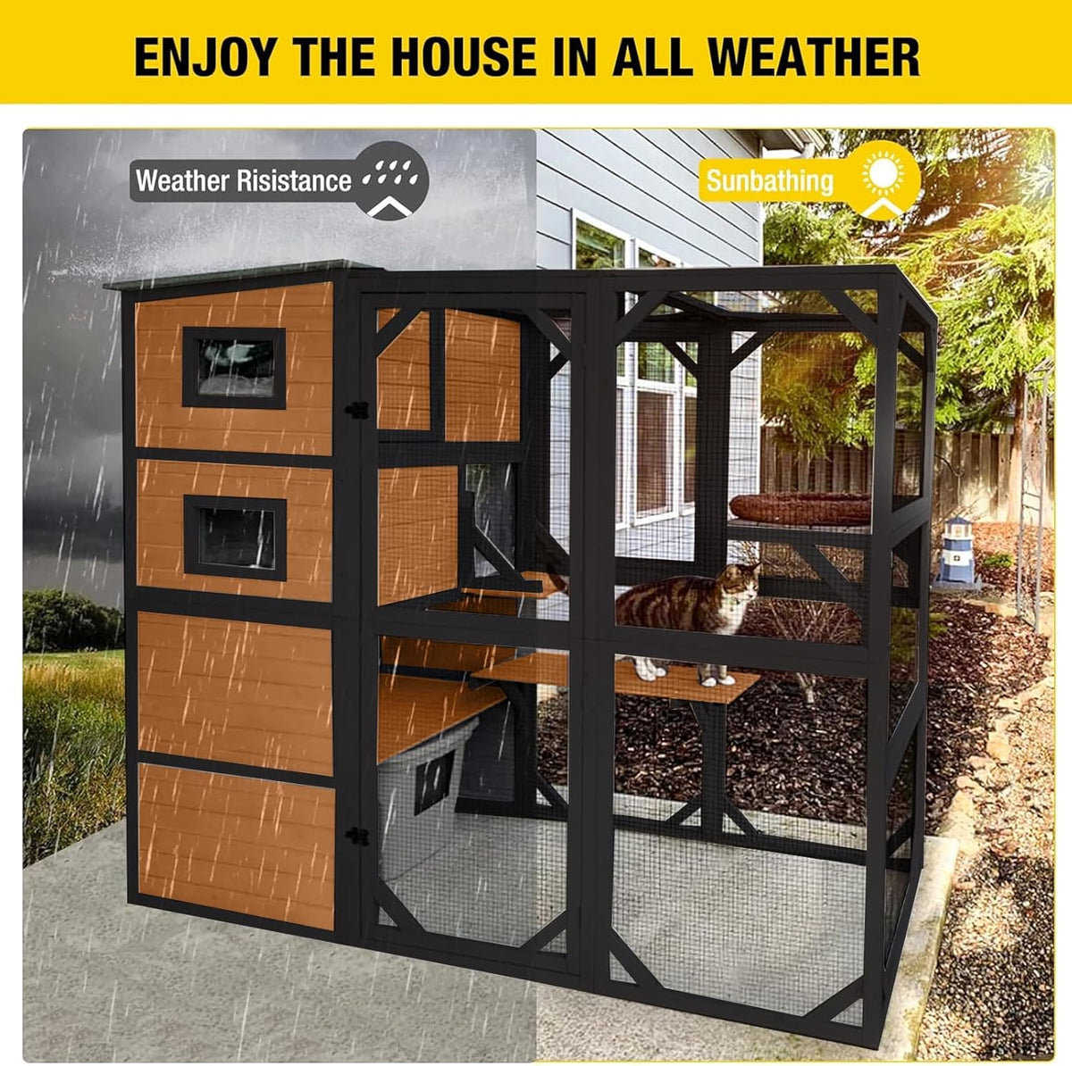 Aivituvin Large Cat Catio, 4 Tiers, Weatherproof Roof, 70in H x 77in L - AIR54