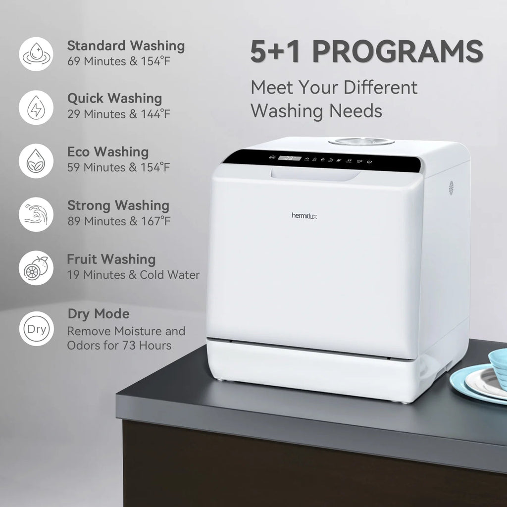 Hermitlux Portable Countertop Dishwasher, 5L Built-In Water Tank, 4 Place Settings - HMX-DW03