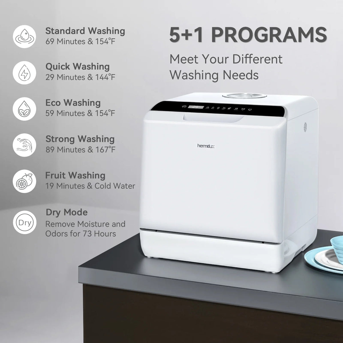Hermitlux Portable Countertop Dishwasher, 5L Built-In Water Tank, 4 Place Settings - HMX-DW03